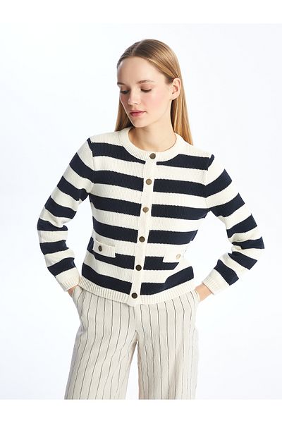 LC Waikiki Striped Crew Neck Long Sleeve Women's Knitwear Cardigan
