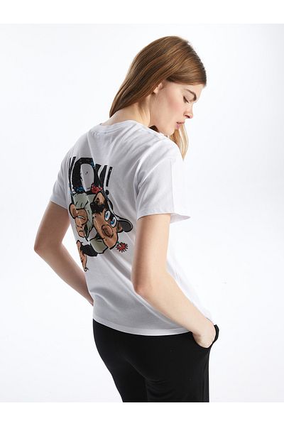 LC Waikiki Dámské tričko s krátkým rukávem s krátkým rukávem a nostalgickým potiskem opic od Crew Neck