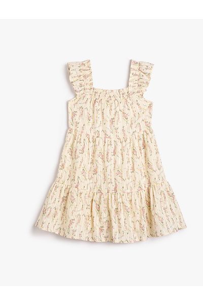 Koton Floral Dress Midi Size Cotton Lined Thick Strap Ruffle Detail