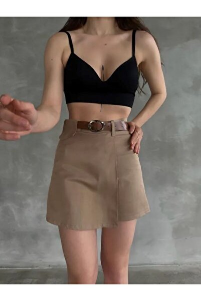 SOPHİA STAR Kadın Beli Kemerli Kapak Detaylı Gabardin Şort Etek