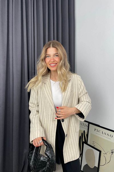 Sue Store Stone Color Striped Double Breasted Collar Buttoned Linen Blazer Jacket
