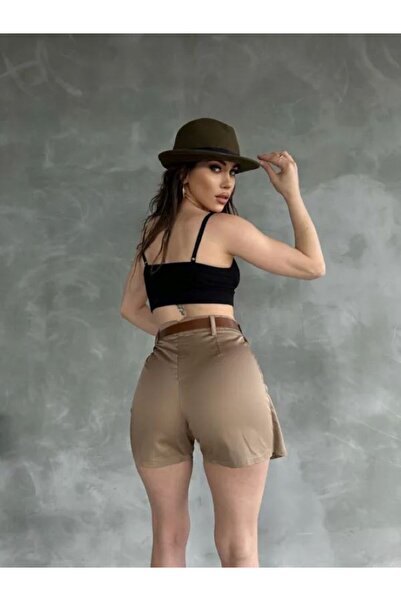 SOPHİA STAR Kadın Beli Kemerli Kapak Detaylı Gabardin Şort Etek