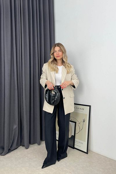 Sue Store Stone Color Striped Double Breasted Collar Buttoned Linen Blazer Jacket