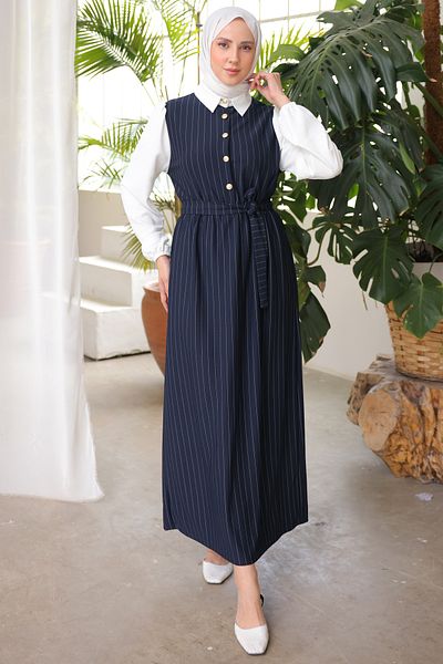 benguen 3906 Stripe részletes galléros ruha sötétkék