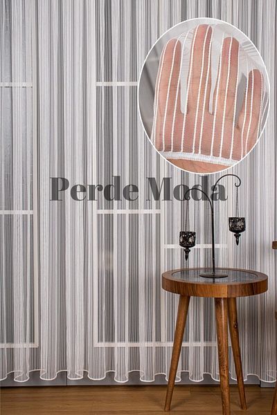PerdeModa Deluxe Chain Striped Tulle Curtain - 1/3 Close Pleat, 1St Class Woven, Draped and No Ironing Needed, Enxboy Option