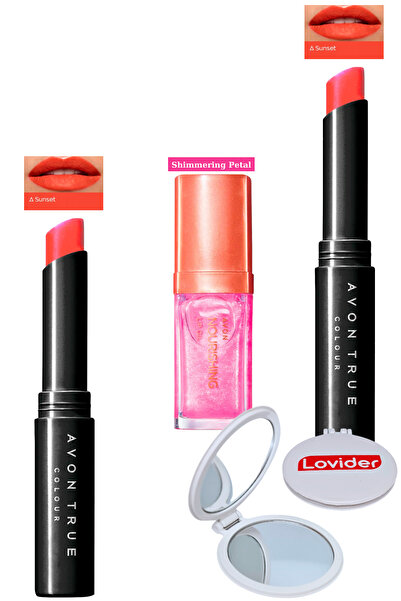 AVON أحمر الشفاه الترا بيوتي صن سيت 2 عبوة + زيت العناية بالشفاه اللامع + مرآ...