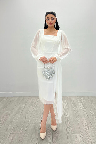 giyimmasalı Φόρεμα Atlas Fabric Beading Λεπτομερές σιφόν μανίκι - ΛΕΥΚΟ