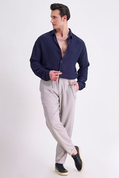 RELAXL Loose Cut Double Leg Elastic Laced Gray Men's Summer Linen Trousers