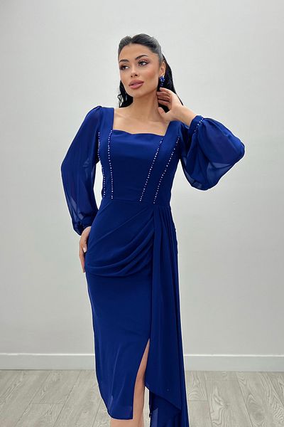giyimmasalı Atlas Fabric Bead Detailed Chiffon Sleeve Pencil Dress - SAX BLUE