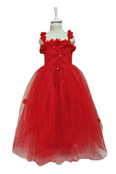 Mashotrend Crowned Red Rose Girls' Evening Dress - Crystal Tulle Evening Dress Girls' Dress Engagement Wedding Kids Evening Dress