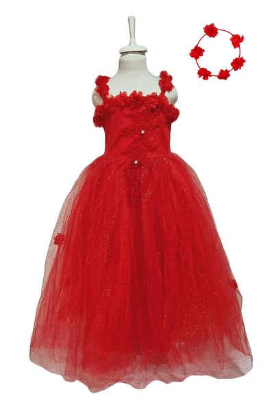 Mashotrend Crowned Red Rose Girls' Evening Dress - Crystal Tulle Evening Dress Girls' Dress Engagement Wedding Kids Evening Dress
