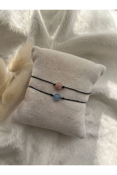 PelvedDesign Akuamarin Pembe Kuvars Ikili Ip Bileklik Set Arkadaşlık Çift