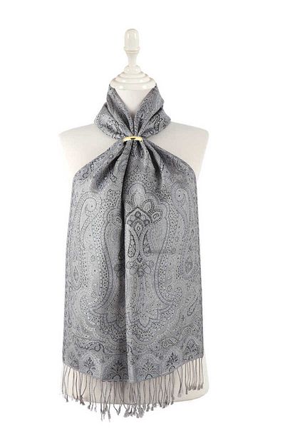 Bursa İpek Gray Indigo Jamawar Woven Silk Scarf