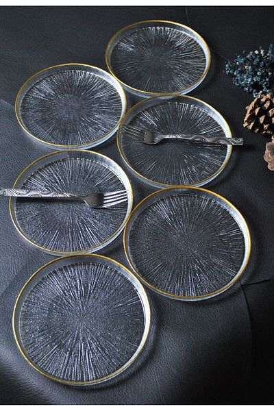 Porselen Diyarı 6 Piece Patterned Gilded Glass Mini Dessert/Cake/Pastry Plate Set 16cm