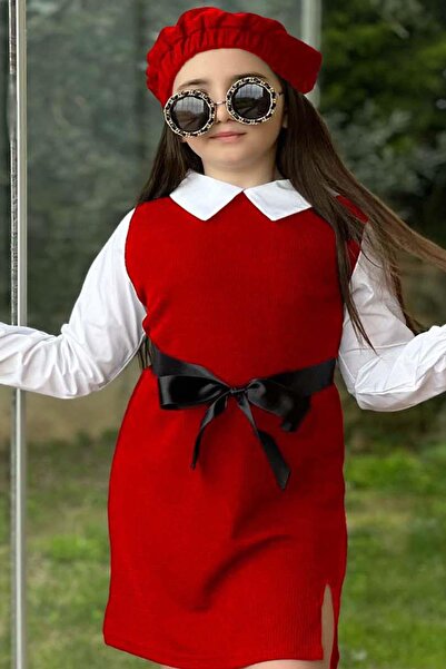 Riccotarz Girl's Shirt Collar Slit Detailed Corduroy Red Dress