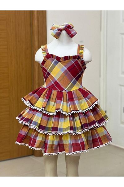 Dilek Girl's Fluffy Dress - Holiday Plaid Detail