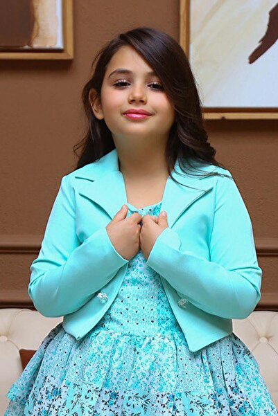 Riccotarz Girl's Blazer Jacket Floral Printed Layered Tulle Zero Sleeve Turquoise Dress