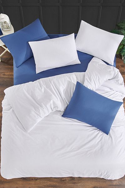 LaLiva Σετ κρεβατιού 100% φυσικό βαμβάκι Akfil Fabric Ελαστικό Διπλό Παπλωματοθήκη Λευκό μπλε