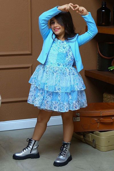 Riccotarz Girl's Blazer Jacket Floral Printed Layered Tulle Zero Sleeve Blue Dress