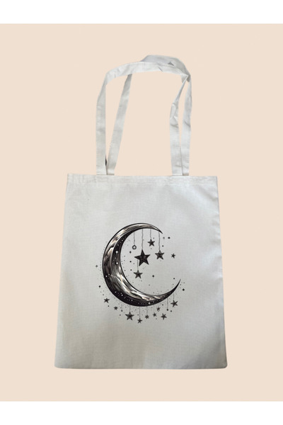 lili hediyelik Geantă din Pânză Neagră Moon And Star Printed - Geantă de umăr...