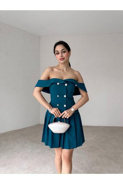 SONREİR LOW SHOULDER GOLD BUTTON DETAIL PLEATED SKIRT BOTTOM TOP SET