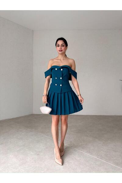 SONREİR LOW SHOULDER GOLD BUTTON DETAIL PLEATED SKIRT BOTTOM TOP SET