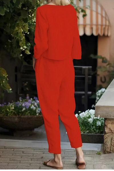 ESSFASIHON Long Sleeve Boat Neck Blouse Belted Carrot Trousers Aerobin Fabric Double Set