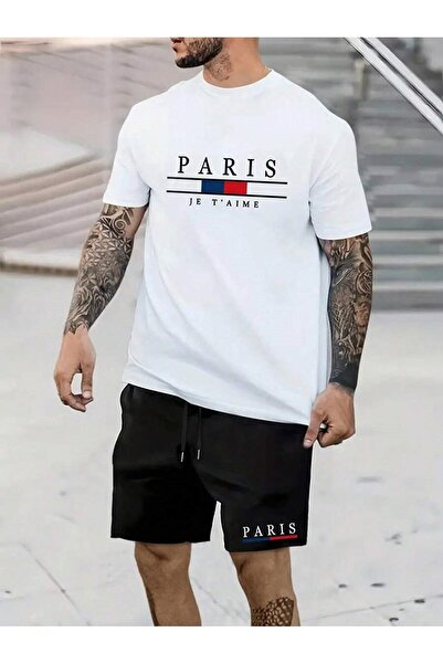 over head oh Чоловічий білий Paris J et Aime з принтом Oversize шорти T-shirt комплект