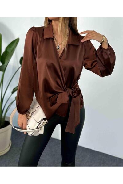 Gökkkuşağı Gökkuşağı Saten Kruvaze Yaka Yandan Bağlamalı Gömlek Bluz