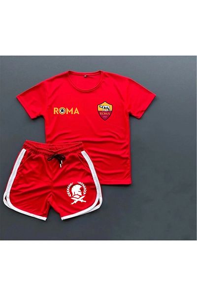Pisa Art طقم تي شيرت + شورت AS Roma مصنوع من نسيج قطني ممشط عالي الجودة