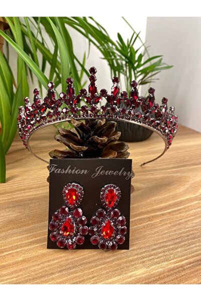 ANZE set de tiara de mireasa cu piatra de cristal burgundy coroana si cercei