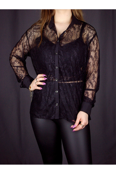 Lady Lydian Şık Transparan Siyah Dantel Gömlek