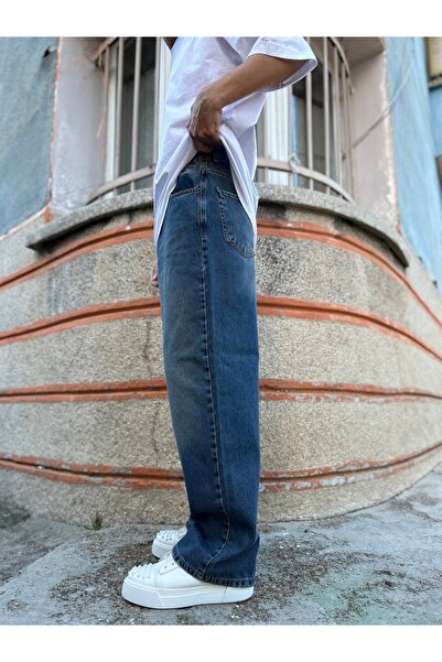 XPUPPET Koyu Mavi Taşlamalı Ekstra Bol Baggy Jean