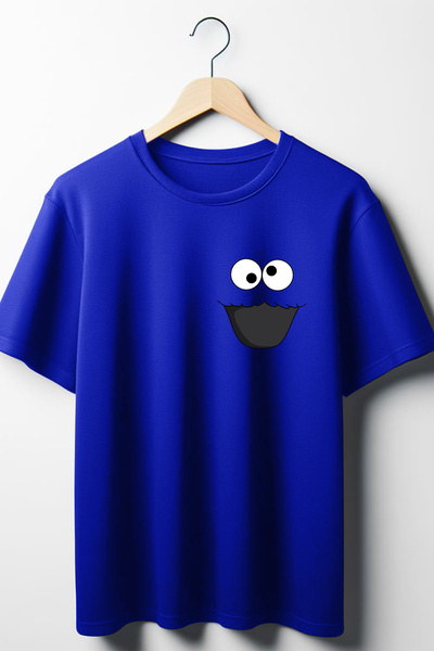 Vordevia تي شيرت أزرق كبير الحجم برقبة دائرية وطبعة كوكي مونستر من Sesame Street