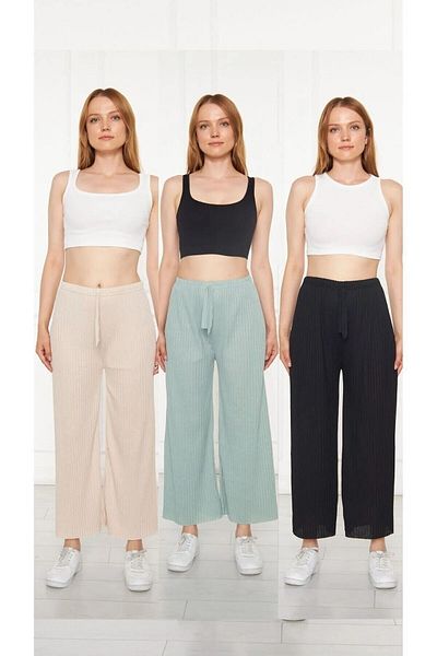 Sashaa Collection Pachet de 3 pantaloni și pantaloni de trening pentru femei, negru - verde - bej, cu nervuri, ocazional, confortabil, pentru acasă