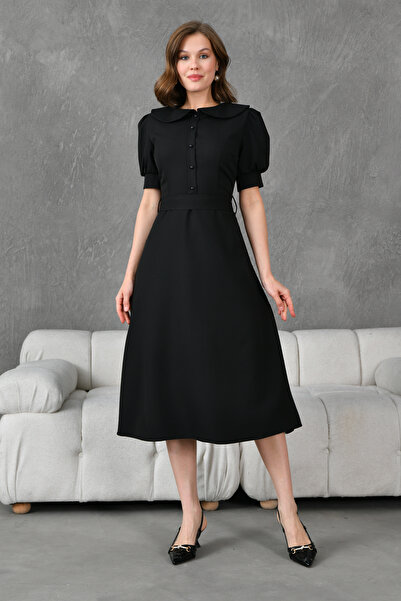 lovebox Széles köténygallér rövid ballon ujjú szárny, részletes Midi hosszúságú, kiszélesedő szabású fekete estélyi ruha 2111