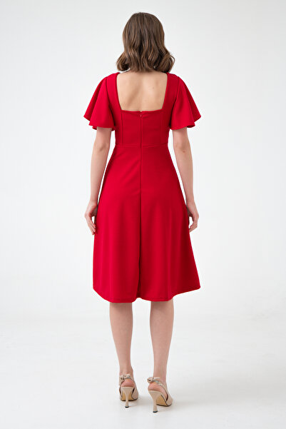vuvutasarım Red Flexible Scuba Crepe Fabric Square Neck Sleeve Design Detailed Red Midi Dress 082