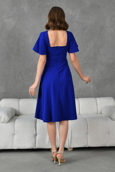 barış sülün lovebox Flexibilní krepová látka čtvercový výstřih Midi délka Saks Modré večerní šaty Saks Modré maturitní šaty 082