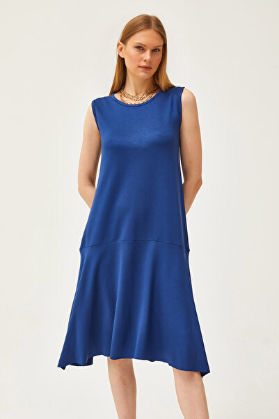 Olalook Marineblaues Damen-Strickkleid mit geteiltem Rock und Kristallen ELB-19002106