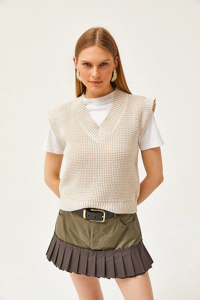 Olalook Women's Stone V-neck Honeycomb Knit Sweater SVT-00000035