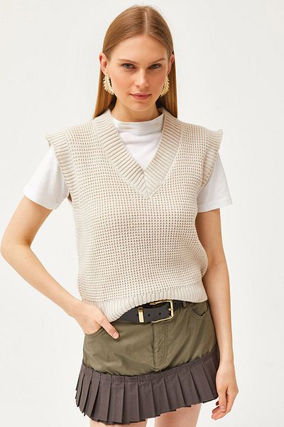 Olalook Women's Stone V-neck Honeycomb Knit Sweater SVT-00000035