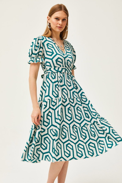 Olalook Grünes, zweireihiges, gemustertes Damenkleid mit Gürtel ELB-19002103