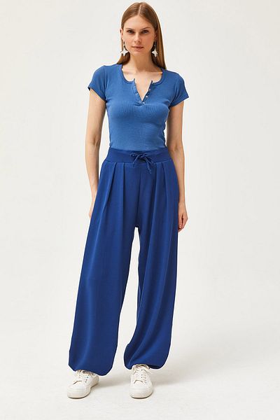 Olalook Marineblaue, weich strukturierte, fließende Shalwar-Hose mit Schnürung für Damen PNT-19000273