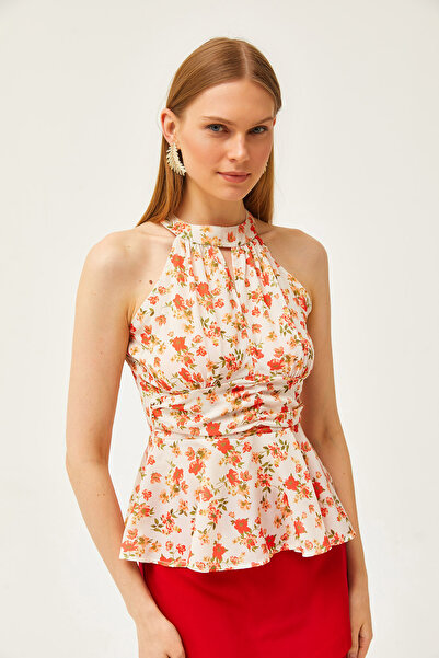 Olalook Dámská béžová korálová ohlávka s krkem v pase podrobně krepová halenka BLZ-19001505