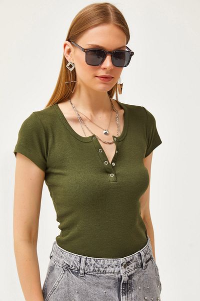 Olalook Khakifarbenes Snap-On-Camisole-T-Shirt für Damen BLZ-19000171