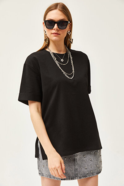 Olalook Γυναικείο μπλουζάκι με διπλό μανίκι με διπλό μανίκι, μαύρο Crew, TSH-19000796