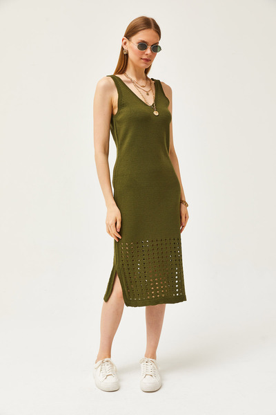 Olalook Női khaki felső áttört pulóver alsó áttört ruha kötöttáru készlet TKM-19000246