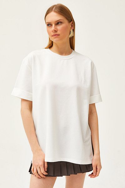 Olalook Tricou supradimensionat alb pentru femei cu mânecă dublă cu fante laterală TSH-19000796