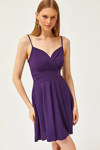 Olalook Damska fioletowa sukienka z podwójnymi piersiami i kołnierzykiem, rozkloszowana AEL-00000004