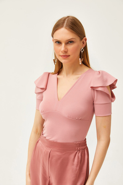 Olalook Damen-Strickbluse in Puderoptik mit V-Ausschnitt und Schulterausschnitt und tiefem Ausschnitt BLZ-19002570